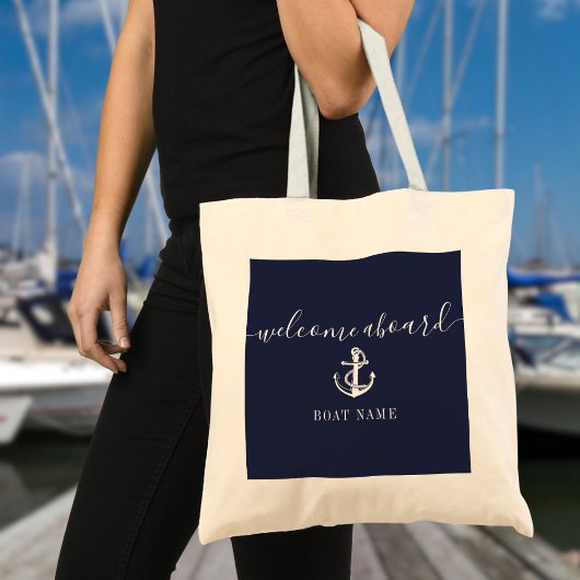 Nautic Anchor Name Navy Blue Willkommen an Bord Tragetasche