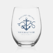Nautic Anchor Name Navy Blue Willkommen an Bord Weinglas Ohne Stiel (Vorderseite)