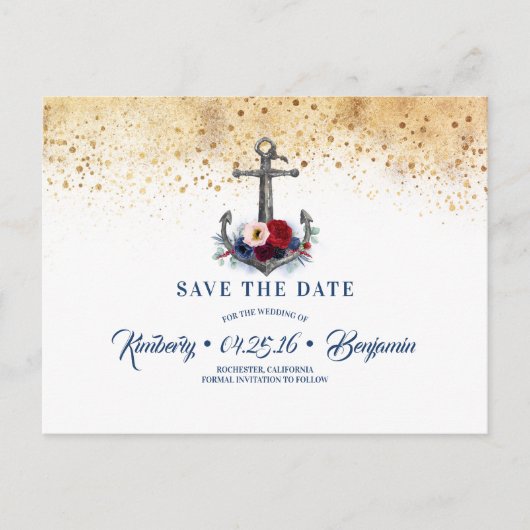 Nautic Anchor Navy Blau und Rot Save the Date Ankündigungspostkarte (Vorderseite)