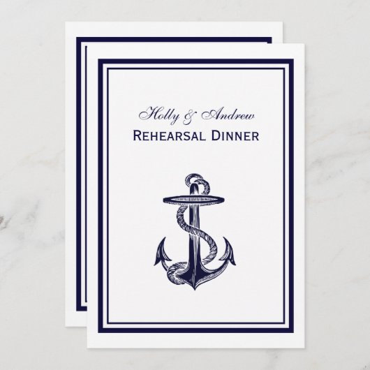 Nautic Anchor Navy Blu Frame 2V Probe Dinner Einladung (Vorne/Hinten)