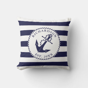 Nautic Anchor Navy Blue and White Stripes Family Kissen