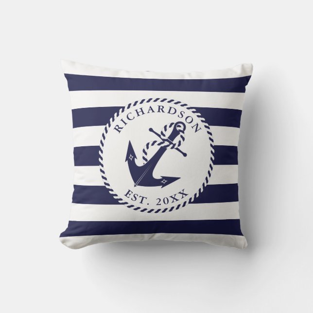 Nautic Anchor Navy Blue and White Stripes Family Kissen (Vorderseite)