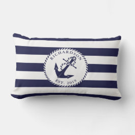 Nautic Anchor Navy Blue and White Stripes Family Kissen Für Draußen