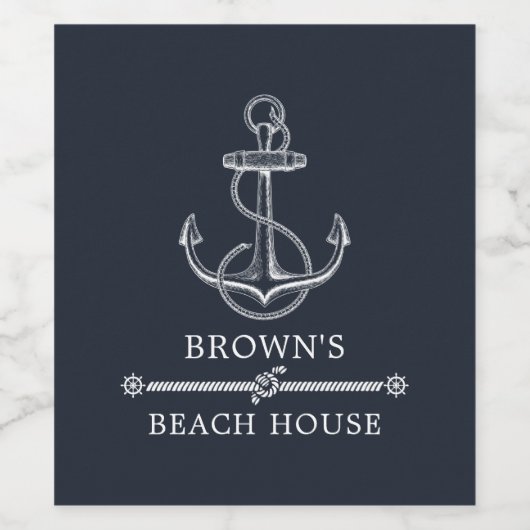 Nautic Anchor Navy Blue Beach oder Lake House Weinetikett (Einzelnes Label)