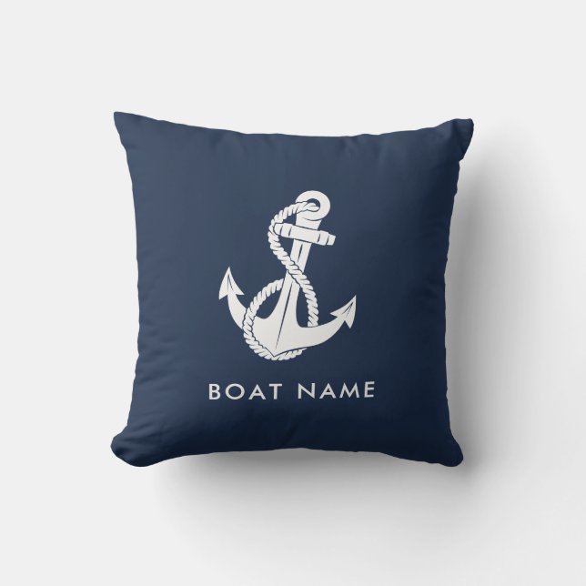 Nautic Anchor Navy Blue Boat Name Custom Kissen (Vorderseite)