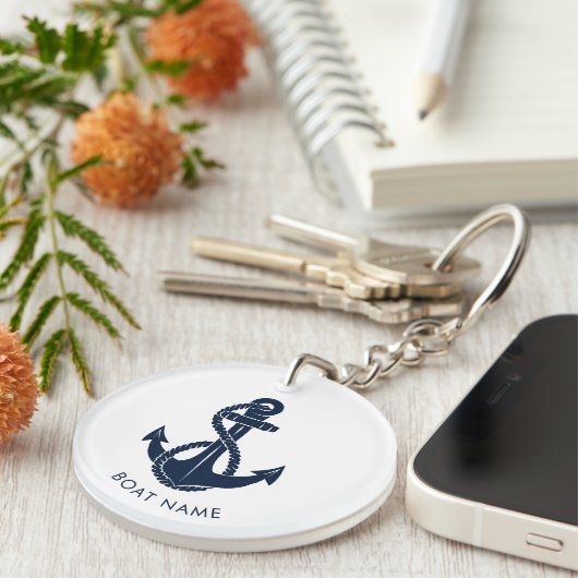 Nautic Anchor Navy Blue Boat Name Custom Schlüsselanhänger (Vorderseite rechts)