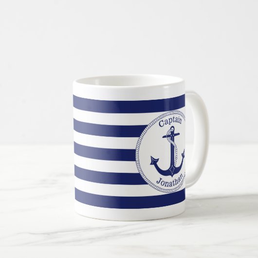 Nautic Anchor Navy Blue Captain Personalisiert Kaffeetasse (VorderseiteRechts)