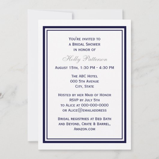 Nautic Anchor Navy Blue Gerahmt 2V Brautparty Einladung (Rückseite)