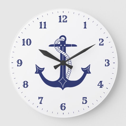Nautic Anchor Navy Blue Große Wanduhr (Vorderseite)