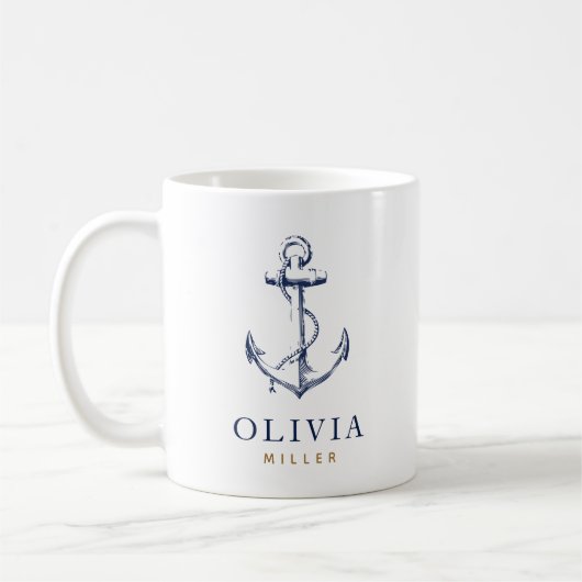 Nautic Anchor Navy Blue Monogram Kaffeetasse (Links)
