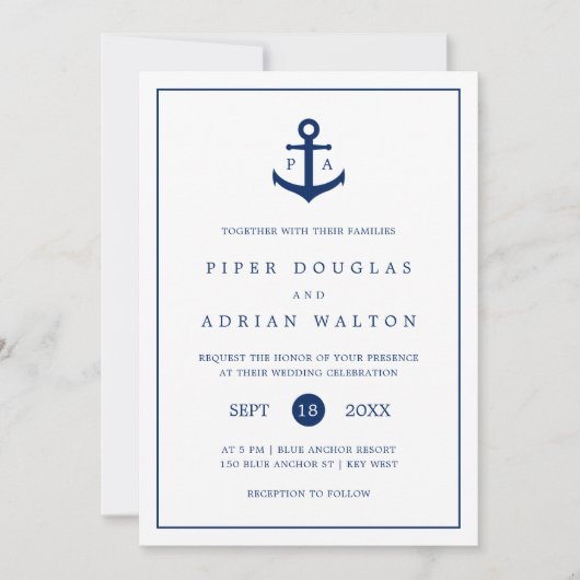 Nautic Anchor Navy Blue Monogram Wedding Einladung (Vorderseite)