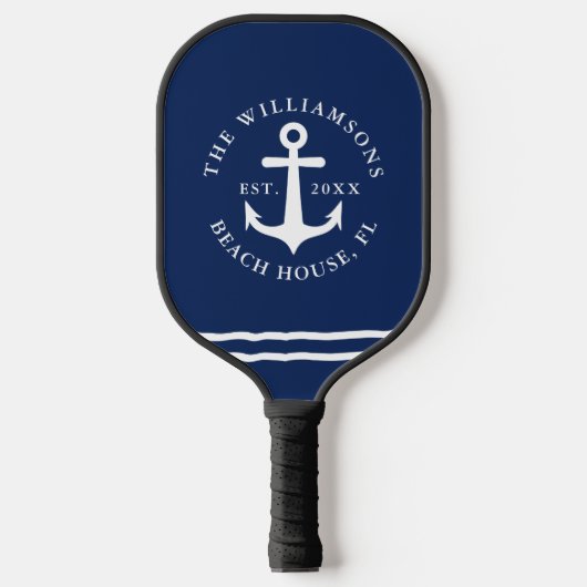 Nautic Anchor Navy Blue Personalisiert Beach House Pickleball Schläger (Vorderseite)