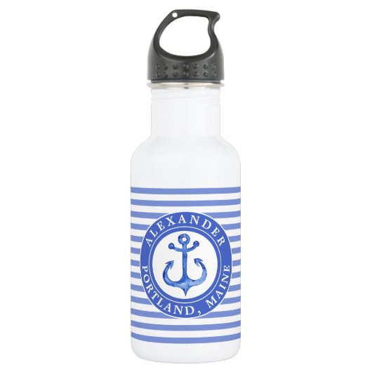 Nautic Anchor Navy Blue Personalisiert Edelstahlflasche (Vorderseite)