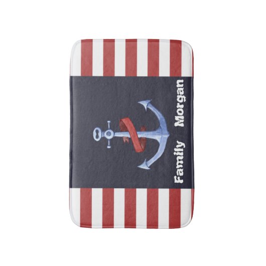 Nautic Anchor Navy Blue, Red Stripes Bath Badematte (Vorderseite Vertikal)