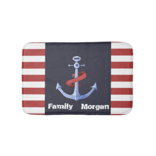 Nautic Anchor Navy Blue, Red Stripes Bath Badematte