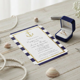 Nautic Anchor Navy Blue Stripe Engagement Party Einladung