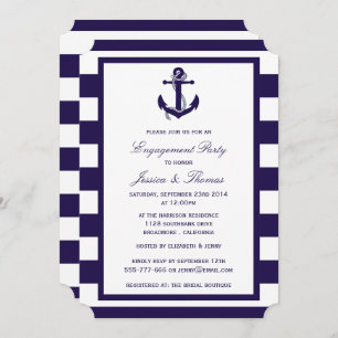 Nautic Anchor Navy Blue Stripe Engagement Party Einladung