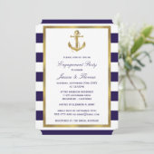 Nautic Anchor Navy Blue Stripe Engagement Party Einladung (Stehend Vorderseite)