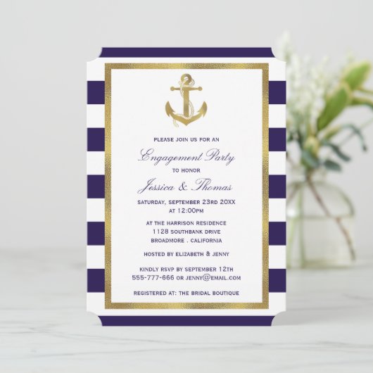 Nautic Anchor Navy Blue Stripe Engagement Party Einladung (Stehend Vorderseite)