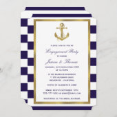 Nautic Anchor Navy Blue Stripe Engagement Party Einladung (Vorne/Hinten)