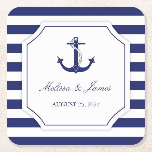 Nautic Anchor Navy Blue Stripe Hochzeit Rechteckiger Pappuntersetzer (Vorderseite)