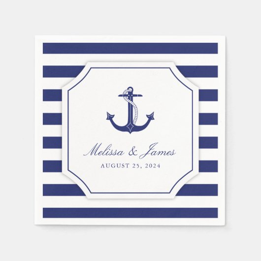 Nautic Anchor Navy Blue Stripe Hochzeit Serviette (Vorderseite)