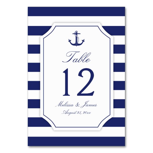 Nautic Anchor Navy Blue Stripe Hochzeit Tischnummer (Vorderseite)