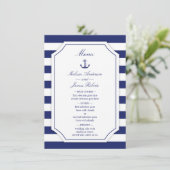 Nautic Anchor Navy Blue Stripe Wedding Menu Menükarte (Stehend Vorderseite)