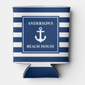 Nautic Anchor Navy Blue Striped Beach House Dosenkühler (Vorderseite)