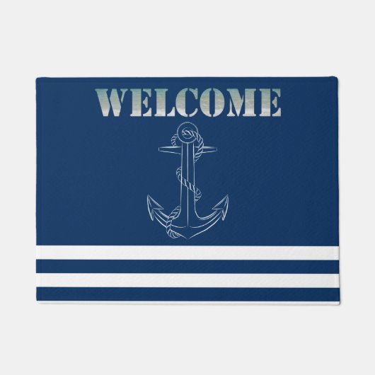 Nautic Anchor Navy Blue Striped Sailor Fußmatte (Vorderseite)