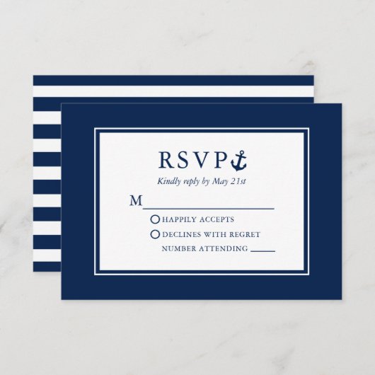 Nautic Anchor Navy Blue Striped Wedding RSVP Karte (Vorne/Hinten)