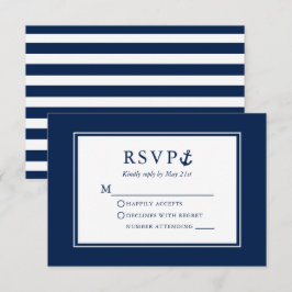 Nautic Anchor Navy Blue Striped Wedding RSVP Karte