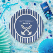 Nautic Anchor Navy Blue Stripes Birthday Invita Pappteller (Party)