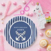 Nautic Anchor Navy Blue Stripes Birthday Invita Pappteller (Party)