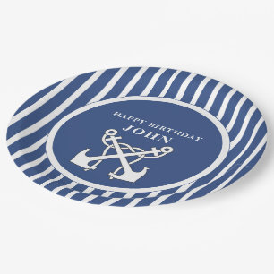 Nautic Anchor Navy Blue Stripes Birthday Invita Pappteller
