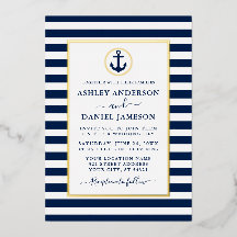 Nautic Anchor Navy Blue Stripes Wedding Gold
