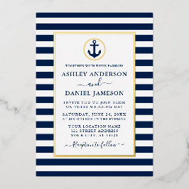 Nautic Anchor Navy Blue Stripes Wedding Gold Folieneinladung