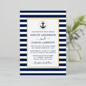 Nautic Anchor Navy Blue Stripes Wedding Gold Folieneinladung (Stehend vorne)