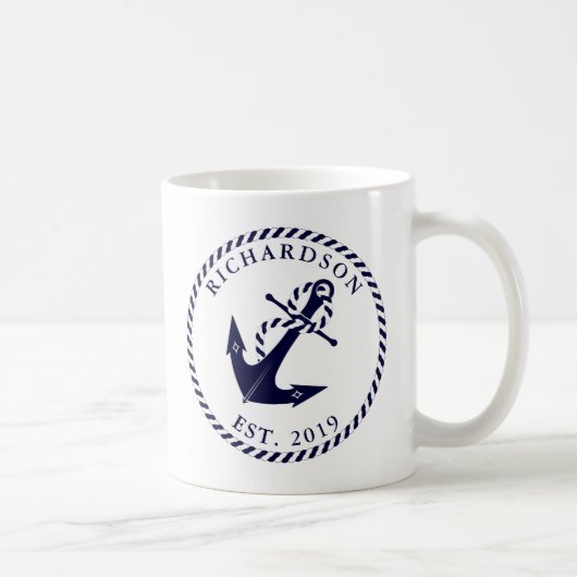 Nautic Anchor Navy Blue und White Personalisiert Kaffeetasse (Rechts)