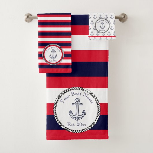 Nautic Anchor Navy Blue White Red Streifen Badhandtuch Set (Insitu)
