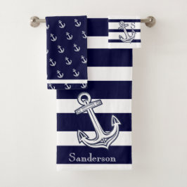 Nautic Anchor Navy Blue White Streifen Badhandtuch Set