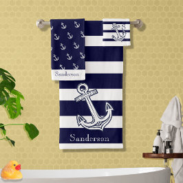 Nautic Anchor Navy Blue White Streifen Bath to Badhandtuch Set