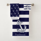 Nautic Anchor Navy Blue White Streifen Bath to Badhandtuch Set (Insitu)