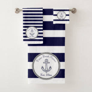 Nautic Anchor Navy Blue White Stripes Bath Badhandtuch Set