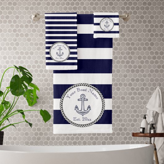 Nautic Anchor Navy Blue White Stripes Bath Bat Badhandtuch Set