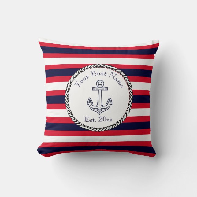 Nautic Anchor Navy Blue White Stripes Throw Kissen (Vorderseite)