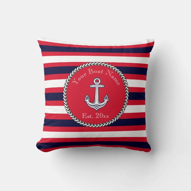 Nautic Anchor Navy Blue White Stripes Throw Kissen (Vorderseite)