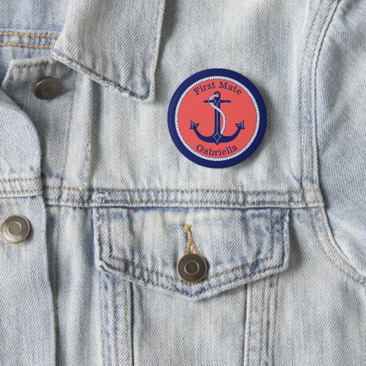 Nautic Anchor Navy Coral First Mate Personalisiert Button (Beispiel)