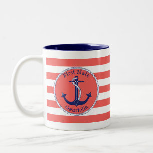 Nautic Anchor Navy Coral First Mate Personalisiert Zweifarbige Tasse