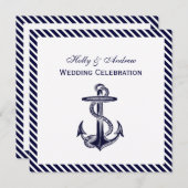 Nautic Anchor Navy Diag Stripe 2SQ Hochzeit Einladung (Vorne/Hinten)